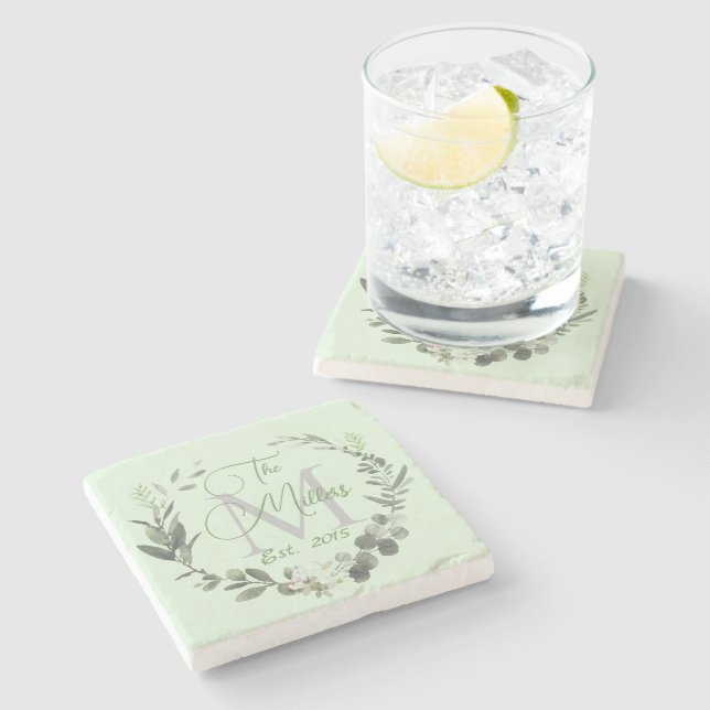 Porta-copo De Pedra Nome da família Monograma Botânica Aquarela (Lateral)