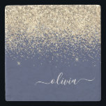 Porta-copo De Pedra Nome da Rapariga do Monograma de Script Azul do Ma<br><div class="desc">Azulejo de Pedra do Nome do Script de Letra Glitter do Espelho Azul e Dourado do Sparkle. Isso faz a formatura perfeita, doce aniversário de 16 anos, casamento, chá de panela, aniversário, chá de fraldas ou presente de festa de solteira para alguém que ama luxo de vidro e estilos quicos....</div>