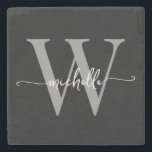 Porta-copo De Pedra Nome de Monograma Personalizado com Grafia Moderna<br><div class="desc">Elegante Moderno Feminino Preto e Cinza Monograma Inicial do Nome Assinatura Personalizada Pedra de Suporte para Copos. Este design apresenta seu primeiro nome em uma linda tipografia de letra manuscrita com floreio (ou caligrafia) com monograma inicial em cinza e branco sobre preto. São fáceis de personalizar. Ótimo presente feminino e...</div>