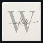 Porta-copo De Pedra Nome de Monograma Personalizado Moderno em Script<br><div class="desc">Elegante Moderno Feminino Branco e Cinza Monograma Inicial Nome Assinatura Rótulo Personalizado Pedra de Suporte. Este design apresenta seu primeiro nome em uma linda tipografia de letra manuscrita com floreio (ou caligrafia) com monograma inicial em preto e cinza sobre branco. São fáceis de personalizar. Ótimo presente feminino e elegante para...</div>