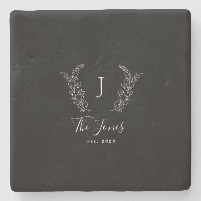 Porta-copo De Pedra Nome do monograma da família personalizado preto e (Frente)