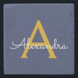 Porta-copo De Pedra Nome do Monograma da Rapariga do Script Moderno Do<br><div class="desc">Azulejo de Pedra do Nome do Script Simples Azul e Dourado do Monograma. Isso faz a formatura perfeita,  doce aniversário de 16 anos,  casamento,  chá de panela,  aniversário,  chá de fraldas ou presente de festa de solteira para alguém que ama luxo de vidro e estilos quicos.</div>