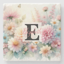 Porta-copo De Pedra Nome do monograma em Flores de aquarela em cores p