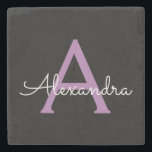 Porta-copo De Pedra Nome do Monograma Girly de Script Preto Roxo<br><div class="desc">Azulejo de Pedra do Nome do Script Simples Preto e Roxo. Isso faz a formatura perfeita,  doce aniversário de 16 anos,  casamento,  chá de panela,  aniversário,  chá de fraldas ou presente de festa de solteira para alguém que ama luxo de vidro e estilos quicos.</div>