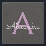 Porta-copo De Pedra Nome do Monograma Girly de Script Preto Roxo<br><div class="desc">Azulejo de Pedra do Nome do Script Simples Preto e Roxo. Isso faz a formatura perfeita,  doce aniversário de 16 anos,  casamento,  chá de panela,  aniversário,  chá de fraldas ou presente de festa de solteira para alguém que ama luxo de vidro e estilos quicos.</div>