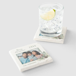 Porta-copo De Pedra Nome do pinho branco da foto da família de Natal