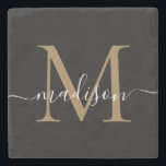 Porta-copo De Pedra Nome do Script Feminino do Monograma Preto Dourado<br><div class="desc">Elegante Dourado Monograma Preto Nome do Script Feminino de Pedra Porta copos</div>