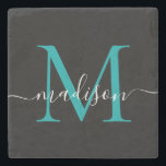 Porta-copo De Pedra Nome do Script Feminino do Monograma Verde de Teal<br><div class="desc">Elegante Moderno Negro Teal Aqua Green Monograma Monograma Verde Nome do Script Feminino Porta copos</div>