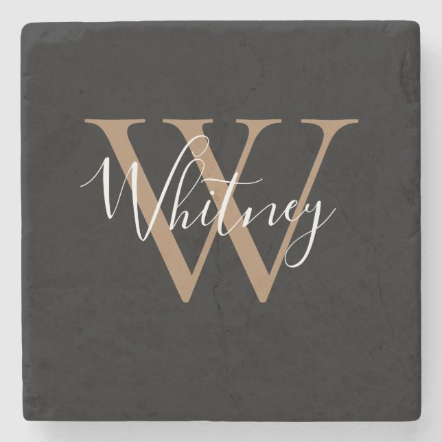 Porta-copo De Pedra Nome Monograma Chic Script Preto Dourado  (Frente)