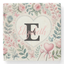 Nome monograma Corações florais vintage em aquarel
