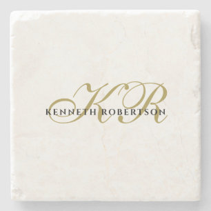 Porta-copo De Pedra Nome Monograma Minimalista Dourado Preto Elegante