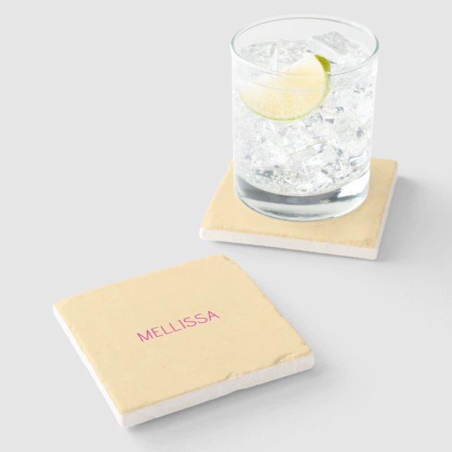 Porta-copo De Pedra Nome personalizado minimalista creme (Lateral)
