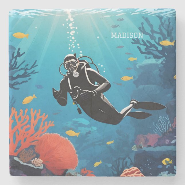 Porta-copo De Pedra Nome personalizado Scuba Diver (Frente)