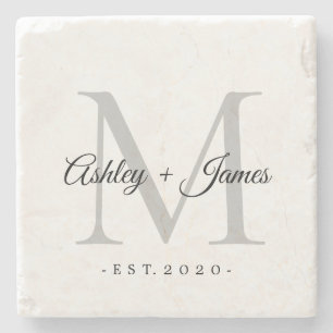Porta-copo De Pedra Nomes Data de Casamento Letra Monograma Prata Chic