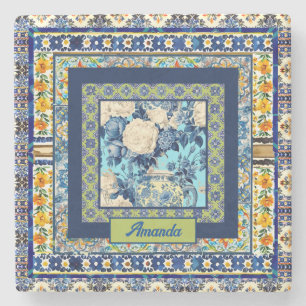 Porta-copo De Pedra Nota de monograma elegante de azulejo azul floral