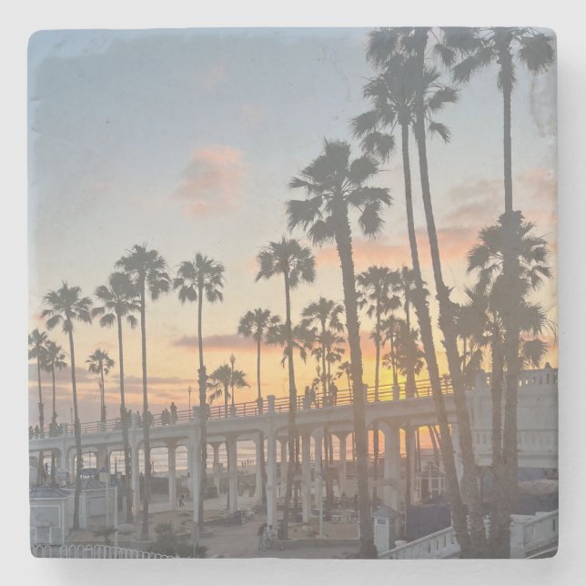 Porta-copo De Pedra Oceanside California Orange Sunset Beach Boardwalk (Frente)