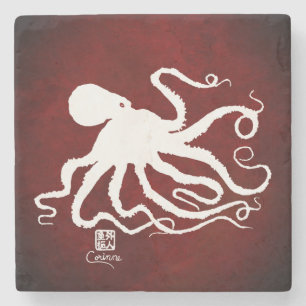 Porta-copo De Pedra Octopus 6 Branco em Vermelho - Porta copos Marble