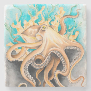 Porta-copo De Pedra Octopus Algae Teal Watercolor Art