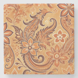 Porta-copo De Pedra Orange Terracotta Floral Boho Watercolor Batik
