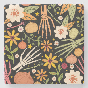 Porta-copo De Pedra Ossos de Halloween, padrão floral uniforme.