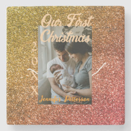 Porta-copo De Pedra Our first Christmas orange red glitter photo year