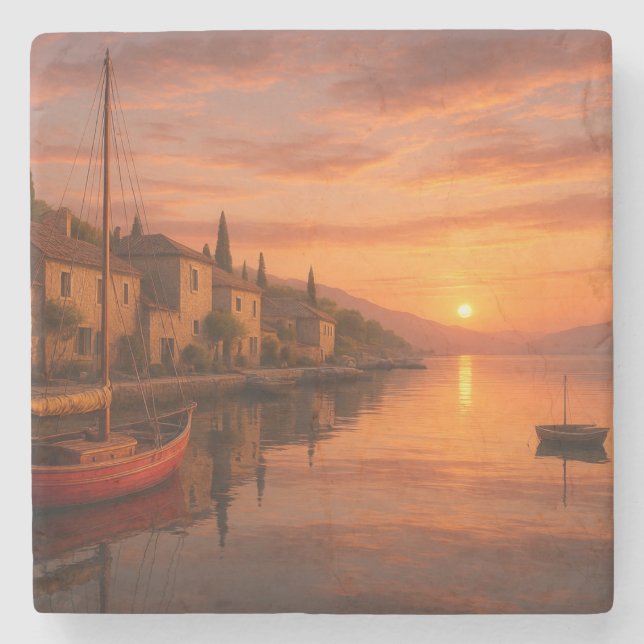 Porta-copo De Pedra Ouro Sunset Sobre Vila Costeira (Frente)