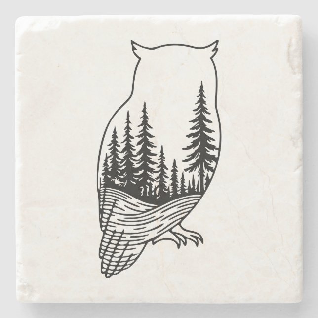 Porta-copo De Pedra Owl Silhouette with Forest Scene (Frente)