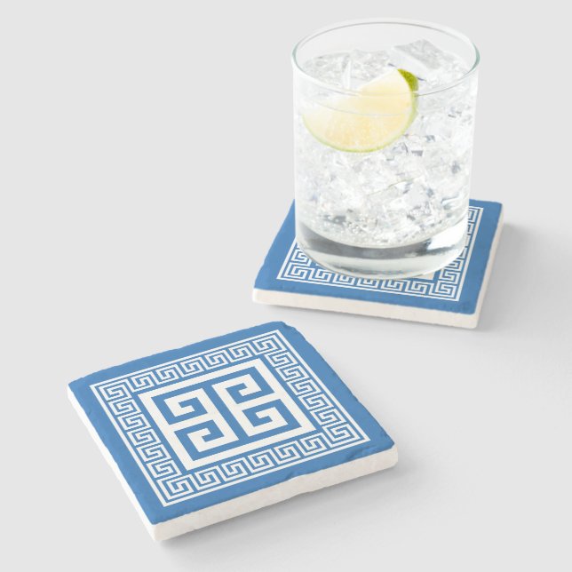 Porta-copo De Pedra Padrão-Chave Grego Branco E Design Azul (Lateral)