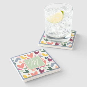 Porta-copo De Pedra Padrão de Arte do Coração Azul Cor-de-rosa-claro-C