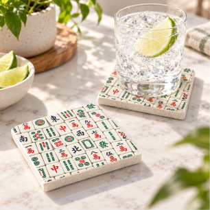 Porta-copo De Pedra Padrão de Azulejo de Mahjong Marfim Vermelho Verde