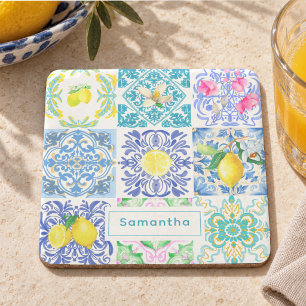 Porta-copo De Pedra Padrão de Azulejo Mediterrâneo Azul Chic Amalfi
