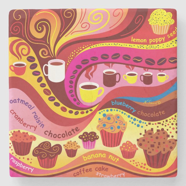 Porta-copo De Pedra Padrão de Café e Muffins (Frente)