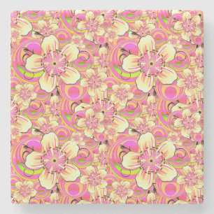 Porta-copo De Pedra padrão de flor rosa groovy