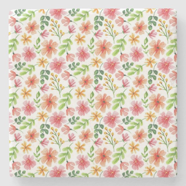 Porta-copo De Pedra Padrão de Flores Rosa em Aquarela (Frente)