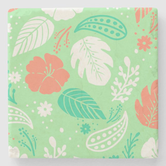 Porta-copo De Pedra Padrão de Folhagem Tropical Verde e Laranja (Frente)