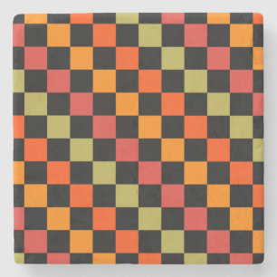 Porta-copo De Pedra Padrão de Gingham Preto Laranja Verificado
