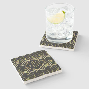 Porta-copo De Pedra Padrão de Glitter Dourado monograma e Chevron Zig