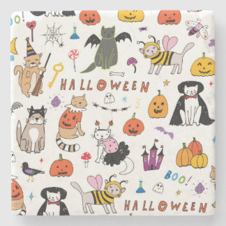 Porta-copo De Pedra Padrão de Linha de Vintagem de Gatos Halloween