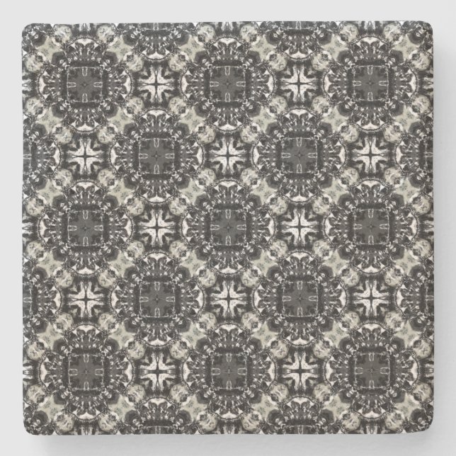 Porta-copo De Pedra Padrão de Mandalas Preto, Branco e Cinza (Frente)