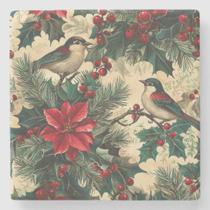 Porta-copo De Pedra Padrão de Natal Rustic Bird and Poinsettia (13)