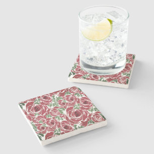 Porta-copo De Pedra Padrão de Rosa de Vintage Elegante - Floral Vermel