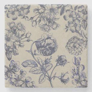 Porta-copo De Pedra Padrão Floral Botânico Toile Azul Vintage