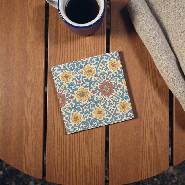 Porta-copo De Pedra Padrão Floral Branco do Mediterrâneo (White Portuguese Mediterranean Floral Pattern Stone Coaster
)