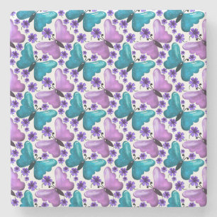 Porta-copo De Pedra Padrão floral de borboleta azul-verde e roxo