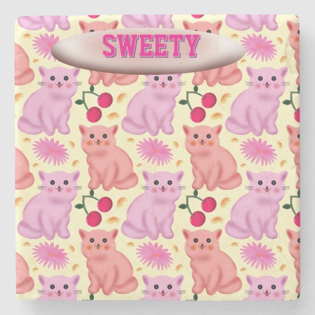 Porta-copo De Pedra Padrão Floral de Cereja de Gato Fofo Personalizado (Frente)