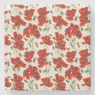 Porta-copo De Pedra Padrão Floral de Papoula Vermelha Vintage Arte Bot