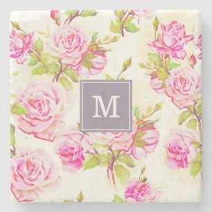 Porta-copo De Pedra Padrão Floral Personalizado Pedra Antiga do Monog