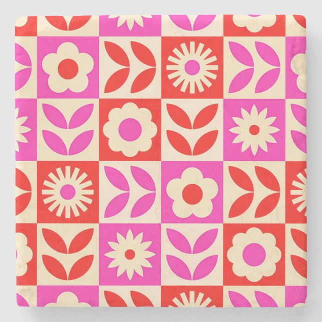 Porta-copo De Pedra Padrão Floral Retroativo Vibrante (Frente)