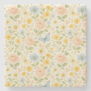 Porta-copo De Pedra Padrão floral vintage colorido com borboletas