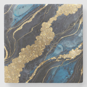 Porta-copo De Pedra Padrão Marble Azul com Dourado